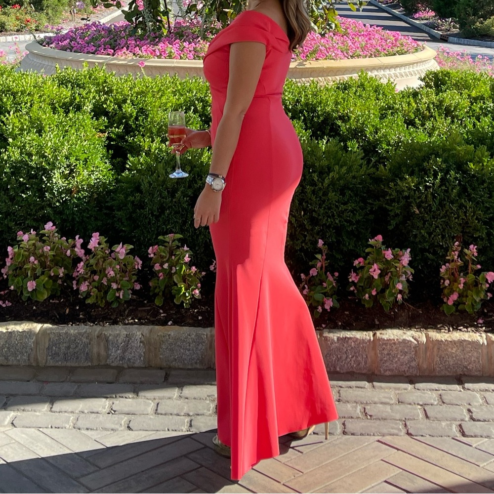 Elegant Coral Off-Shoulder Maxi Dress